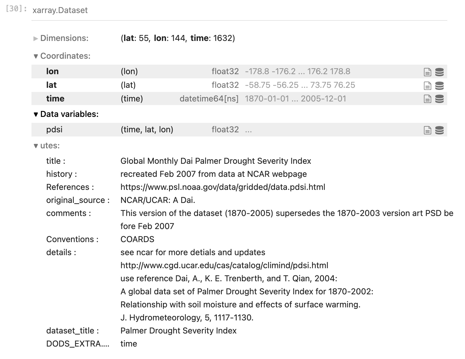 Screendump of view of metadata from PDSI dataset